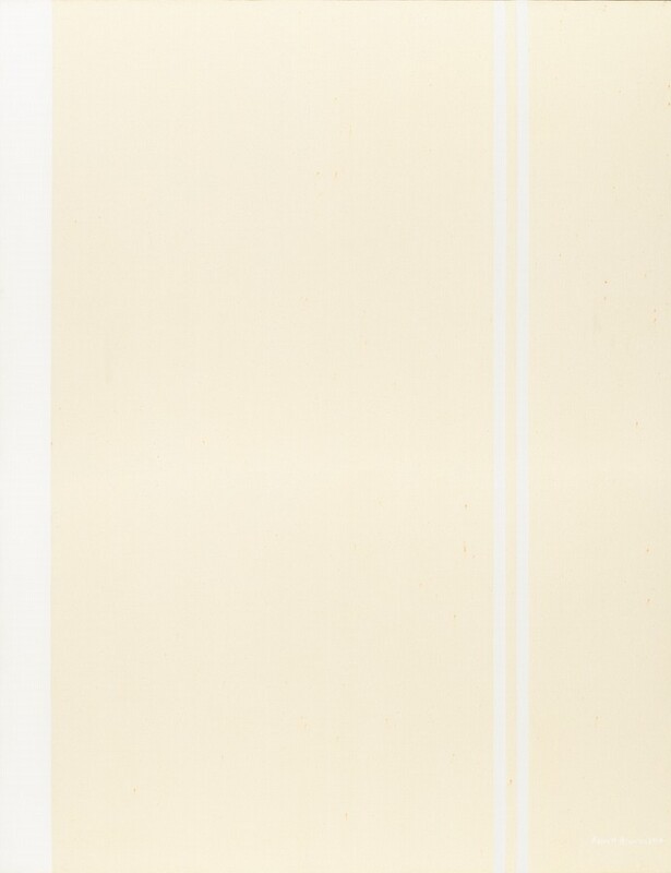 A bright white strip and a pair of white lines span the height of this otherwise cream-white, vertical, abstract painting. The wider white strip is along the left side of the canvas, and the pair of thinner lines are side-by-side about three-quarters of the way across from the left. There are a few touches of rust-orange discoloration scattered across the canvas. The artist signed and dated the lower right corner with white paint, "Barnett Newman 1964.”