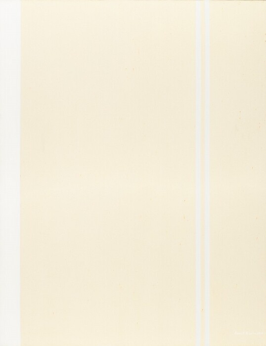 A bright white strip and a pair of white lines span the height of this otherwise cream-white, vertical, abstract painting. The wider white strip is along the left side of the canvas, and the pair of thinner lines are side-by-side about three-quarters of the way across from the left. There are a few touches of rust-orange discoloration scattered across the canvas. The artist signed and dated the lower right corner with white paint, "Barnett Newman 1964.”