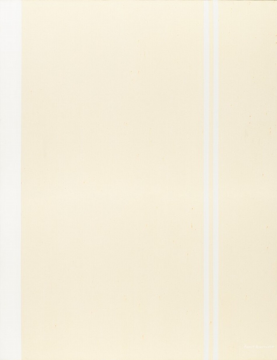 A bright white strip and a pair of white lines span the height of this otherwise cream-white, vertical, abstract painting. The wider white strip is along the left side of the canvas, and the pair of thinner lines are side-by-side about three-quarters of the way across from the left. There are a few touches of rust-orange discoloration scattered across the canvas. The artist signed and dated the lower right corner with white paint, "Barnett Newman 1964.”