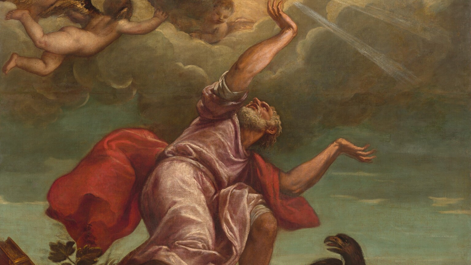 From far below, we look up at an older man with standing on a cliff edge or rocky ledge with his arms raised as he turns his head to gaze up to a second man and winged, child-like angels surrounded by clouds in the sky above in this square painting. All the people have pale, peachy skin. The man on the ledge, Saint John, half crouches with knees bent so his body is angled to our right, and he turns his head back to our left to look up to the clouds. Both hands are raised with palms facing up. Saint John has a short, curly white beard and hair, and we see the bottom of his chin, nose, and eyes under heavy brows. He wears a light, rose-pink tunic with crimson drapery across his shoulders billowing around his body. Next to him on the rocky ledge is a book with a scarlet-red cover to our left and a brown eagle to our right. The eagle slightly lifts its wings and looks to our left in profile, mouth open and tongue visible. Tufts of grass and plants grow near Saint John’s feet. The aqua-colored sky fills most of the composition behind Saint John, and a bank of silvery gray clouds lit with pale yellow swirls across the top half of the painting. At the center of the clouds, the second man has a long, white beard and white hair, and wears a muted plum-purple robe. He raises his right hand, to our left, palm down with the first two fingers and thumb extended. Six winged, nude young children nestle near this second man or flutter among the clouds.