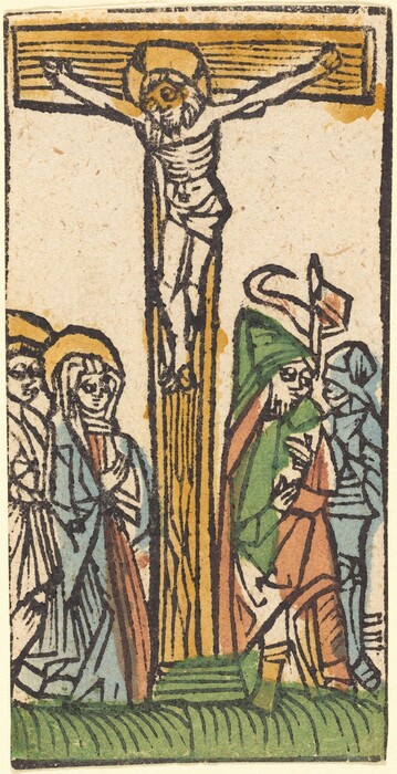 The image depicts a figure crucified on a cross. The central figure has arms outstretched horizontally, hair and beard depicted simply, and is wearing a loincloth. Surrounding the figure are other individuals, some wearing blue and red robes, and some with covered heads. One character on the right holds an object resembling a staff with a flag. They stand on a grassy-looking ground, with a plain background.