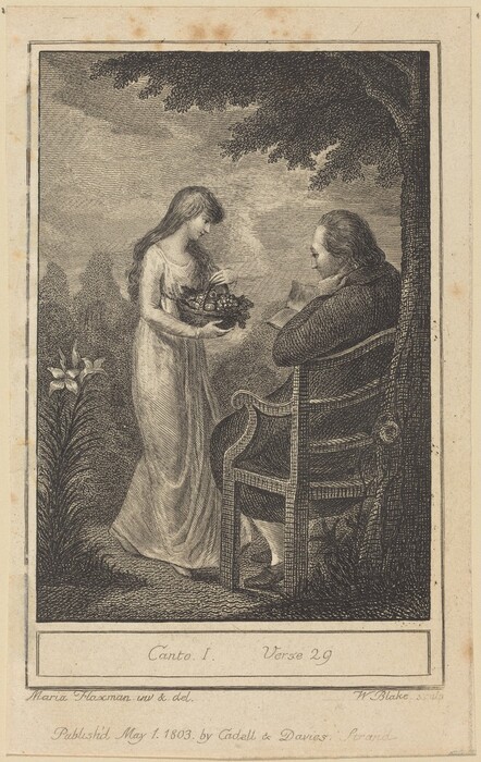 In the image, there are two people, a man and a woman, in an outdoor setting. The woman stands to the left, holding a basket of flowers. She wears a long gown and has long hair. The man is seated in a wooden chair to the right, holding a scroll. A large tree and some flowering plants surround them. The scene is intricately detailed in line-based engraving style.