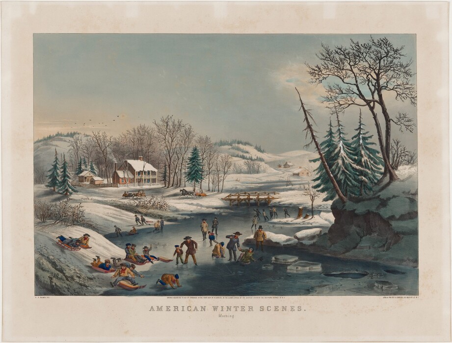 This print depicts a winter scene from a slightly elevated perspective. The view captures a group of people engaging in various activities on a frozen river surrounded by snow-covered hills and trees, some bare and some with green needles. In the distance, a wooden bridge spans the frozen water, and distant houses, trees, and birds are seen against gentle snowy hills under soft sunlight. At the bottom of the painting, some people sled down a hill onto the frozen water while others skate on the ice. The people wear warm buttoned coats in shades of yellow, green, brown, and blue. Some wear brown hats and red scarves. In the bottom right corner, large chunks have been taken out of the ice, and thin cracks form. The painting has a color palette of blues and whites, contrasting with warm tones from the clothing of the people. The cloudy sky above is mostly gray with some patches of pale blue peeking through. At the bottom a line of text reads "AMERICAN WINTER SCENES."