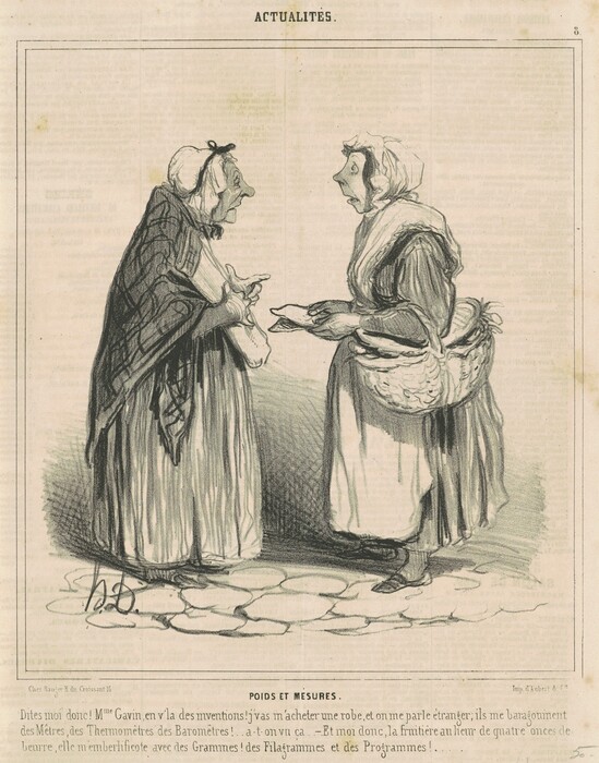 The image shows two women standing facing each other in profile. The woman on the left is hunched slightly forward with her arms crossed over her abdomen. She has a prominent nose and is wearing a cap and a long dress or coat with a shawl draped over her shoulders. The woman on the right looks surprised, with her mouth slightly open and large eyes. She is wearing a bonnet, a long-sleeved dress, and a textured apron tied around her waist, holding a folded piece of cloth or paper. Both are standing on a cobblestone pattern with a simple background.