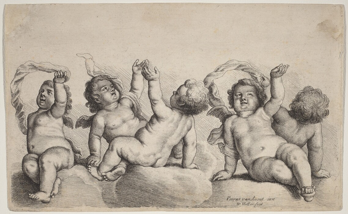 The image shows four cherubic figures seated or reclining on clouds. They appear unclothed, with small wings and youthful facial features. One cherub has shoulder-length wavy hair, while the others have short, curly hair. They look upwards with expressions of curiosity or engagement. Some are interacting with billowing fabric or ribbons. The background is a plain, textured space.