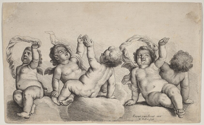 Three Cherubs and Two Boys Each Raising One Arm on Clouds