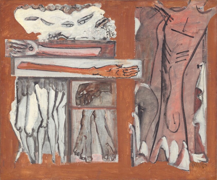 This painting depicts various shapes inside overlapping rectangles against a dark orange background. These shapes resemble human limbs and body parts, each contained in their own section.  Shapes resembling eyes peek from a cloud-like formation near the top left, and below it are two horizontal rectangles containing long arms ending in hands. Below that are more compartments with a hand, feet, and long legs. On the right is a large rectangle which seems to contain elongated torsos. The body parts and containers are painted in shades of white, gray, dark orange, and red, with dark outlines.