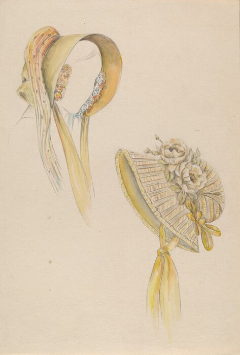 This is a drawing of two bonnets. The drawing features two elegant bonnets, each depicted with delicate detail. The first bonnet on the left is a soft olive green with a wide brim and decorated with floral embellishments along the inner lining. It is adorned with long, flowing ribbons. The second bonnet on the right has a more structured design, highlighted with intricate floral embellishments and accented with neat, pleated fabric sections. Its yellow ribbons are prominently displayed. The color palette is soft and consists mainly of pastel shades.