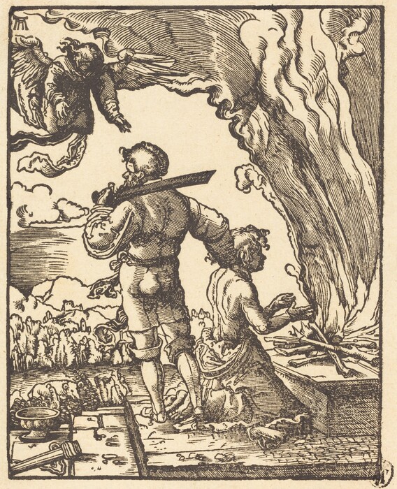 This is a drawing of two figures and a supernatural being. One figure holds a sword and the other kneels before a flaming altar. An angelic figure with wings appears above them, reaching out towards the figures. The background shows rolling hills and clouds. The artwork features detailed line work and contrasts of light and shadow.