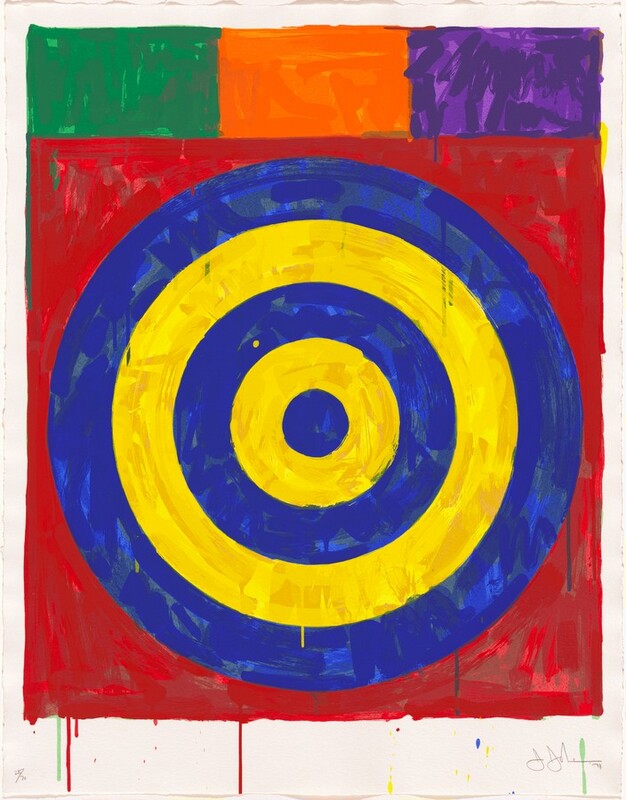 Concentric cobalt-blue and canary-yellow rings forming a target alternate against a cherry-red background in this vertical screenprint. The innermost circle is blue and is followed by two yellow and two more blue rings. The top fifth of the print is divided into rectangles: hunter green on our left, tangerine orange in the middle, and purple on our right. There are drips throughout the composition, which is surrounded by a wide white margin. A pencil inscription under the left corner of the printed image reads, “25/70.” The artist signed and dated the lower right corner, "J J '74."