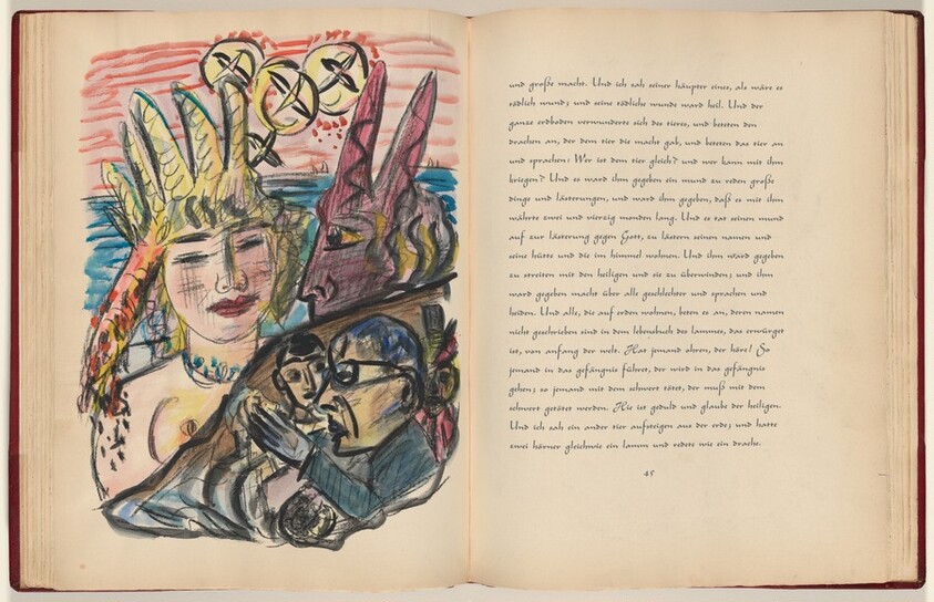 Johannes, Offenbarung, Kapitel 13, Verse 1 und 2 und 11-14 (John, Revelation, Chapter 13, Verses 1 and 2 and 11-14) (plate, page 44) from Apokalypse (Apocalypse)