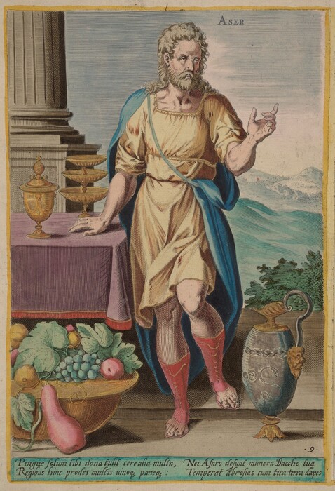 The image shows a man standing with one foot forward and one hand on a table. He has a full beard and shoulder-length wavy hair, and wears a knee-length tunic with a draped blue garment over one shoulder. The man has red sandals. Next to him is a table covered with a purple cloth, holding golden vessels, fruits, and an ornate pitcher with a lion design. In the background are mountains and a large column. The name "Aser" is displayed at the top of the image.