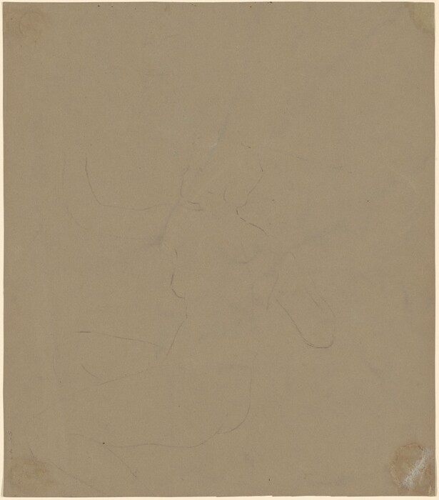 The image shows a faint sketch of a reclining figure on a light brown background. The sketch lacks detail, depicting a person lying down with their upper body slightly elevated. Facial features, hair, clothing details, and expressions are not visible in the sketch. There are no additional objects, jewelry, or accessories included in the image. The background is a uniform light brown color.