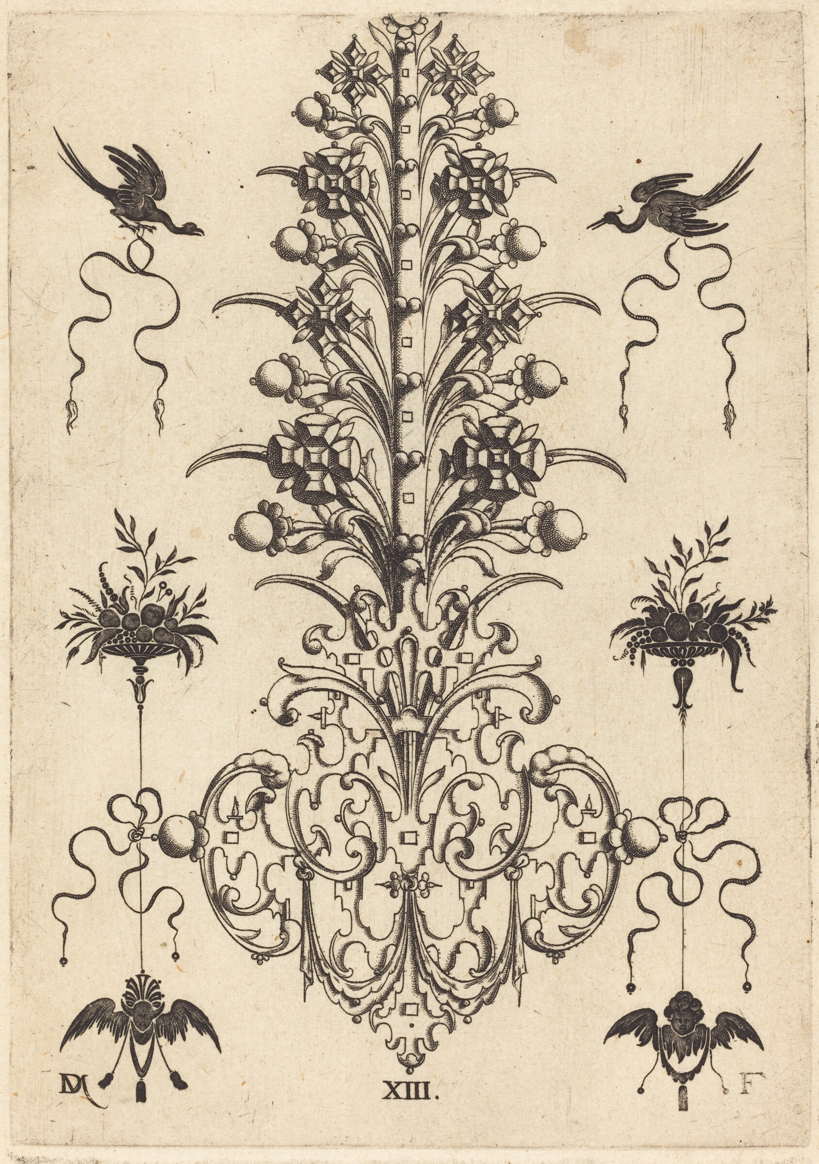 Hyacinth-Shaped Brooch with Birds at Top and Devil's- and Angel's-Head at Bottom, Daniel Mignot, 1596