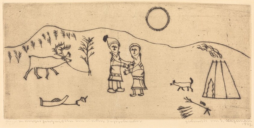 Folk Scene: Man and Wife, Dog, and Reindeer