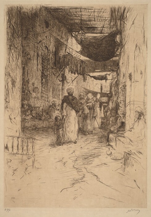 This is a drawing of a bustling alley or marketplace. The drawing shows an alleyway filled with people gathered in groups and individuals walking through. The architecture has arched doorways and narrow pathways, and has intricate details suggesting a historical or traditional setting. Overhead, there are awnings and fabric providing shade, casting shadows that add depth and texture to the scene. The perspective leads the viewer's eye deeper into the alley. The use of shading and crosshatching captures the textures of the environment and the movement within this dynamic, confined space.