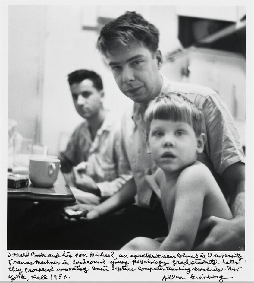 Donald Cook and his son Michael, an apartment near Columbia University, Francis Mechner in background, young psychology grad students. Later they proposed innovating Basic Systems Computer teaching machines. New York, Fall 1953.