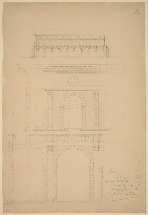 This is a drawing of an architectural facade. The drawing depicts the detailed design and structure of a building facade, showing intricate architectural details typical of a classical style. The facade features multiple stories with large arches on the lower level and decorative columns framing both the arches and upper windows. The drawing includes detailed representations of columns, entablatures, and a style of ornamentation. Additionally, there is a clear attention to symmetry and proportion, with the use of arcs and circular motifs. The drawing appears to be a technical blueprint or an architectural study, which could have been used for planning or educational purposes.