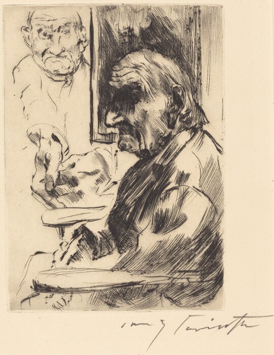 The image is an etching of an older person depicted from the waist up, seated in profile and slightly turned to the left. The person has a prominent nose, deep-set eyes, and a lined face. They have sparse, combed-back hair and wear a coat with lapels. In the background, a sketch of another head and torso, possibly a second person, is on the left side. The background features a textured wall with a dark shaded rectangle. The strokes in the etching are rough, providing a dynamic texture. A signature is visible at the bottom right corner of the image.