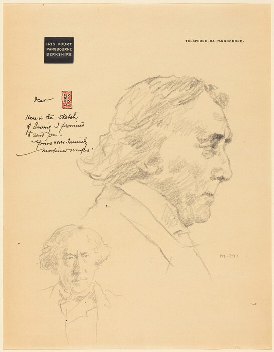 The image is a pencil sketch on light-colored paper, showing two views of a man's head and shoulders. The main focus is on a profile view of the man's head and upper torso, facing to the right. The sketch captures his features with a mix of detailed and shaded lines, emphasizing the hair and facial features such as the nose and brow. His hair appears to be long and wavy, extending to the neck area. The man seems to wear a collared garment, visible through sketch lines around the neck. Beneath the profile, there is a smaller frontal sketch of the man, capturing a mild expression with less detail, focusing on the structure of eyes, nose, and lips. The background of the page features header text "IRIS COURT PANGBOURNE BERKSHIRE" on the top left and "TELEPHONE: 94 PANGBOURNE" on the top right, with a handwritten note and monogram near the sketches.