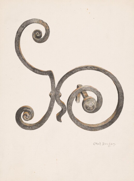 The image shows a spiraling wrought iron design as the main object against a light background. The color palette is shades of gray and hints of rust, indicating the metallic nature of the object. The ironwork is centrally positioned with elegant curls extending towards the upper left and lower right corners.