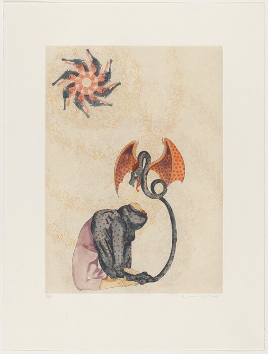 The image shows a swirl of straight and curved lines forming an abstract pattern with gun-like shapes at the top. Below, a figure is kneeling, holding a long-necked form with wings. Abstract shapes resembling machinery and gears fill the background. The kneeling figure wears a dotted garment. The image conveys a motif of wings and a serpentine neck that may bring to mind mythical creatures.
