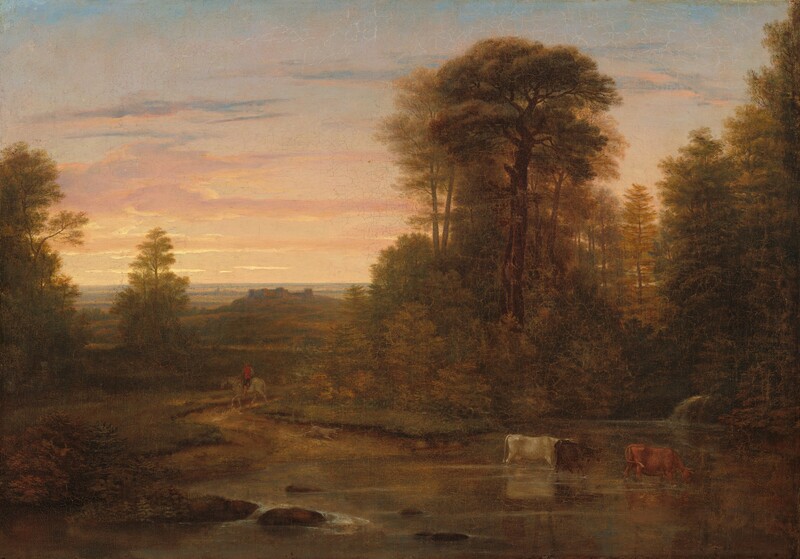 Three cows drink in a placid body of water in front of a landscape dim with golden sunset light in this horizontal painting. The water creates white eddies around a few rocks as it travels from the lower left corner of the canvas, across the foreground, and off to the right. In the bottom right quadrant of the composition, one cow is white, and another dark brown. The third, tawny brown cow flicks her tail as she dips her head to the water. Tall groves of trees on the far side of the water fill most of the right half of the composition. To the left, a path curves from the waterside back into a grassy, tree-pocked landscape with buildings on one low hill and a very distant horizon, which comes halfway up this composition. A person wearing a red vest over a white long-sleeved shirt, dark blue, knee-length pants, and a brown, brimmed hat rides a white horse coming toward us on the path. A short-hair, pale gray dog runs ahead of the horse, toward the cows. From below the horizon, the sunlight sets the grassy fields to golden tan, and the sky above fades from buttery yellow along the horizon to pale blue along the top of the composition. Lines of clouds are lit mauve pink and shaded ultramarine blue.