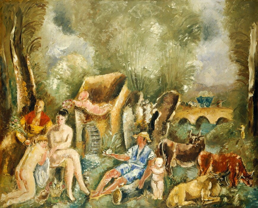 This is a painting of a pastoral scene with animals, a watermill, and a bridge. The artwork features a rural landscape with lush greenery and a serene setting. Elements include a watermill, animals such as cows and a dog, and a horse-drawn cart crossing a stone bridge in the background. The painting uses soft, earthy tones and swirling brushstrokes to create a vibrant yet calming atmosphere.