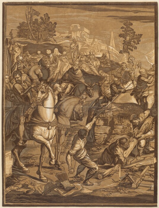 This is a drawing of a scene with horses and construction work. In the lower part of the image, individuals are depicted engaging in construction or manual labor activities. Tools and materials are scattered around them. Above and to the left, there is a group of figures mounted on horses. Some appear to be conversing. The background includes architectural structures and trees, with a castle or fortress on a hill. The scene conveys a sense of different societal roles and actions coming together during a historical event or significant construction endeavor.