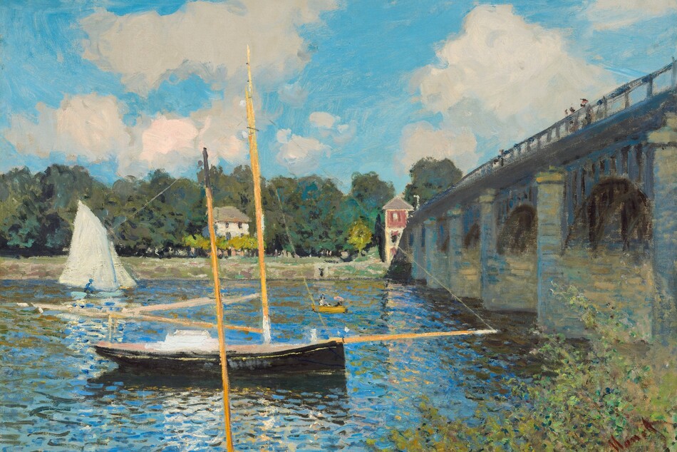 Two sailboats and a rowboat float on a glistening, azure-blue river spanned by a stone bridge to our right in this horizontal landscape painting. The scene is loosely painted with visible strokes and dashes throughout so some details are indistinct. An area of asparagus and moss-green dabs creates a patch of grassy riverbank in the lower right corner of the painting. The rippling, sun-dappled surface of the river is created with short parallel strokes of pale pink, caramel brown, white, sage green, and light blue. An empty sailboat, with its sails tightly furled or removed all together, floats near us to our left of center. It has a single tall, pale wood mast. A similar pole rises from the bottom edge of the picture, presumably the mast of another ship below us or out of our view. Farther out on the water and to our left is another sailboat with full white sails catching the sunlight. The final vessel is loosely painted with a few swipes of goldenrod yellow, black, white, and pink to suggest two people sitting in a rowboat, one of them holding a pink parasol. The gray stone bridge is shaded on our side with denim blue along the faces of the four arches we can see. Several people, painted with a few touches of peach and black, stand at the railing. The bridge angles from near the upper right corner of the canvas to almost the middle of the composition, where it meets a narrow, three-story coral-pink and light gray building. A two-story, white building sits a short distance to its left. They bask in warm sunlight against a row of emerald and olive-green trees. A baby-blue sky scattered with puffy white clouds spans the upper half of the composition. The artist signed the lower right with dark red letters, “Claude Monet.”