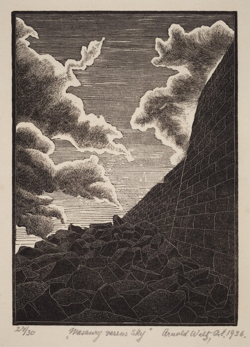 The image shows a contrast between nature and man-made structures. The view is slightly from below, looking upwards towards a sky with large clouds. A stone wall extends diagonally from the lower right to the upper section, with scattered rocks in the foreground. The image is rendered in an engraving style with detailed line work, in a monochromatic color palette. The use of varying lines adds depth, especially in depicting clouds and stone textures, emphasizing an architectural versus nature theme.