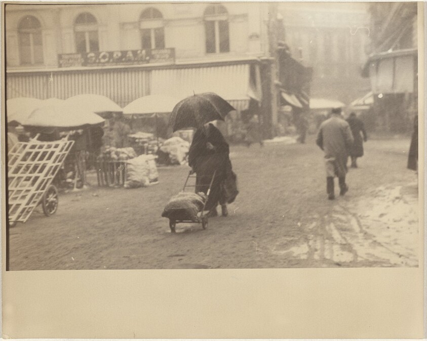 Woman pushing cart in snow, Paris