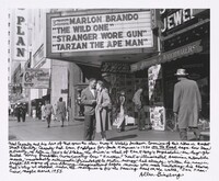 Neal Cassady and his love of that year the star-cross’d Natalie Jackson conscious of their rôles in Market Street Eternity: Cassady had been prototype for Jack Kerouac’s 1950 _On the Road_ saga hero Dean Moriarty, as later in 1960’s he’d taken the driver’s wheel of Ken Kesey’s psychedelic-era day-glo painted Merry Prankster crosscountry bus “Further.” Neal’s illuminated American automobile mania, “unspeakably enthusiastic” friendship & erotic energy had already written his name in brightlit signs of our literary imaginations before movies were made imitating his charm. That’s why we stopped under the marquee to fix the passing hand on the watch, San Francisco, maybe March 1955., Allen Ginsberg, 1955, printed 1996
