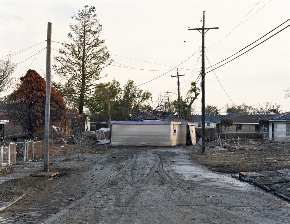 This photograph depicts a street scene with a muddy pathway leading towards a partially collapsed house in the center. Utility poles with intersecting power lines are visible above, with several birds perched on the wires. The ground closest to us has tire tracks and debris on it. To the left, a chain-link fence encloses an area containing trees, including one with browned foliage. Various houses and structures extend into the distance with sparse vegetation. The horizon shows small trees and buildings under a pale, overcast sky. The color palette includes browns, grays, and dull greens.
