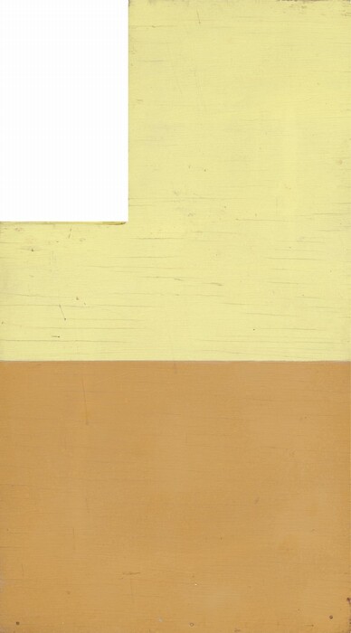 The image shows a large white rectangular shape at the top left corner on a pale yellow background, with a horizontal band of brown extending across the bottom third. The arrangement resembles a minimalist landscape with the white block and brown band suggesting earth and a structure against a sky landscape. Vertical and horizontal lines on the yellow section add texture that resembles wood or a scratched surface.