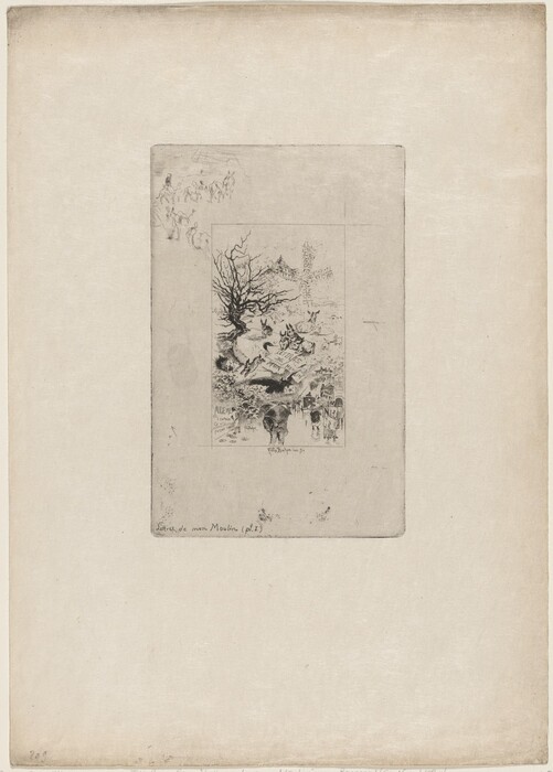 The image is a print viewed straightforwardly from a slightly elevated perspective. In the foreground, there is a scene with figures around a tree and a sign. In the middle ground, there are mountains with minimal detail and foliage. The etching style features fine lines and cross-hatching for texture and depth. The color palette is monochromatic with varying shades of gray and black. The background has faint outlines and sketches around the detailed central image.