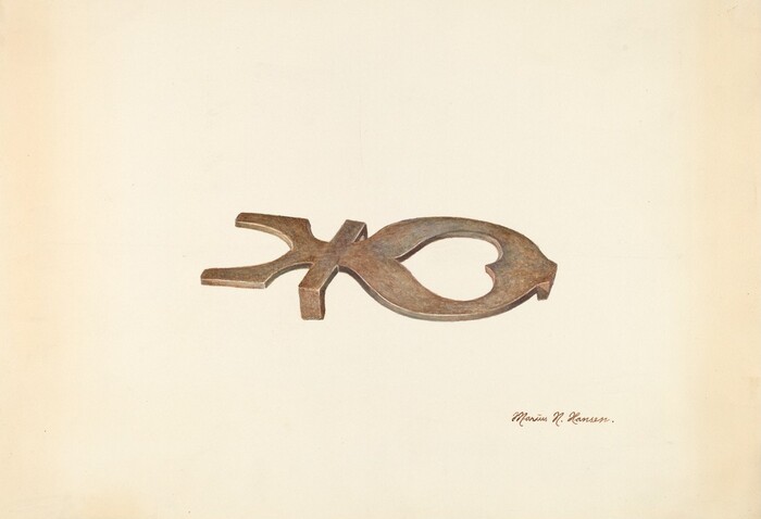 A rusted metal object with an abstract fish-like shape is centered on a light beige background. The color palette consists of earthy tones, with various browns against a neutral backdrop. The object appears horizontally oriented in the center of the image, with a signature in the bottom right corner reading "Marion G. Messenger."