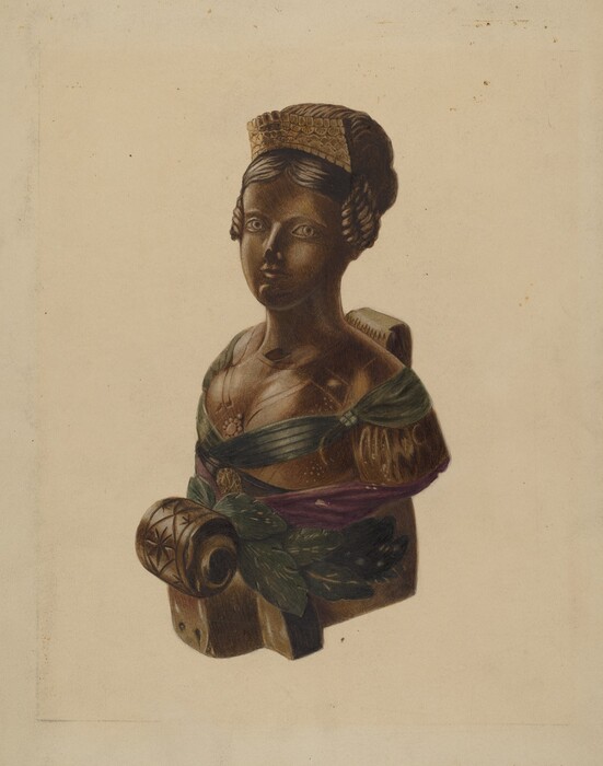 The sculpture is a bust of a woman with a detailed hairstyle and head adornment. It is made of dark brown wood, with intricate features such as coiffed hair, facial details, and a draped garment. A scroll or leaf pattern is carved on her shoulder. The woman has a composed expression, facing forward in a regal posture.