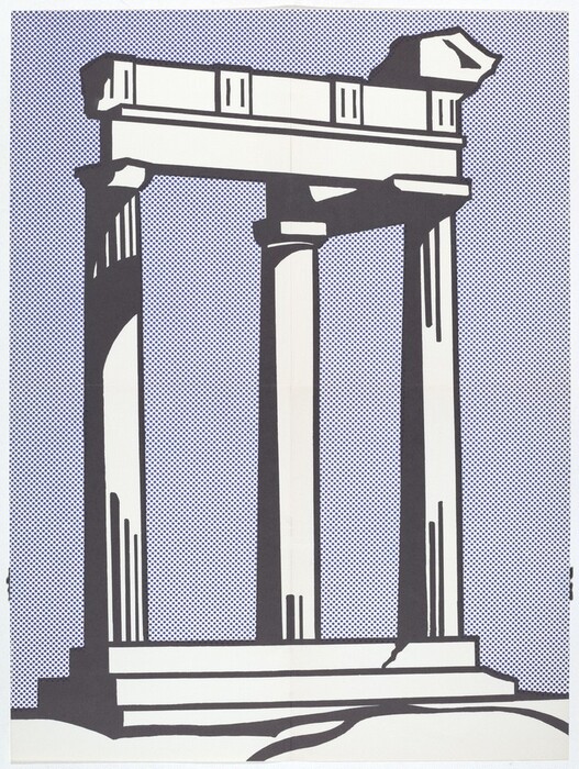 The image shows bold, straight lines and rectangular shapes forming an abstract representation of classical architectural elements, such as columns and a pediment. The composition features two tall, vertical columns supporting a wider horizontal top piece. Black outlines and abstract dot patterns in the background create depth and dimension, framing the architectural elements as the central focus in a style reminiscent of comic book art.