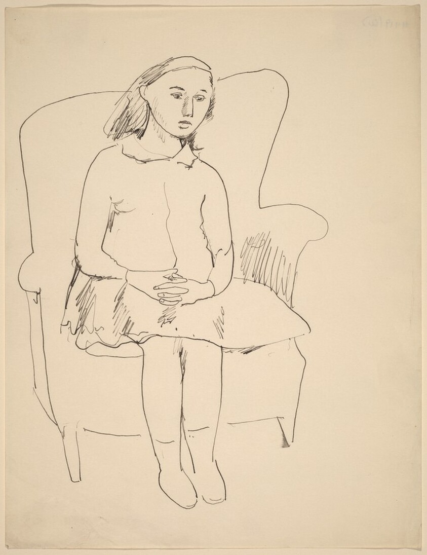 Young Girl Seated in Wing Chair, Hands Folded