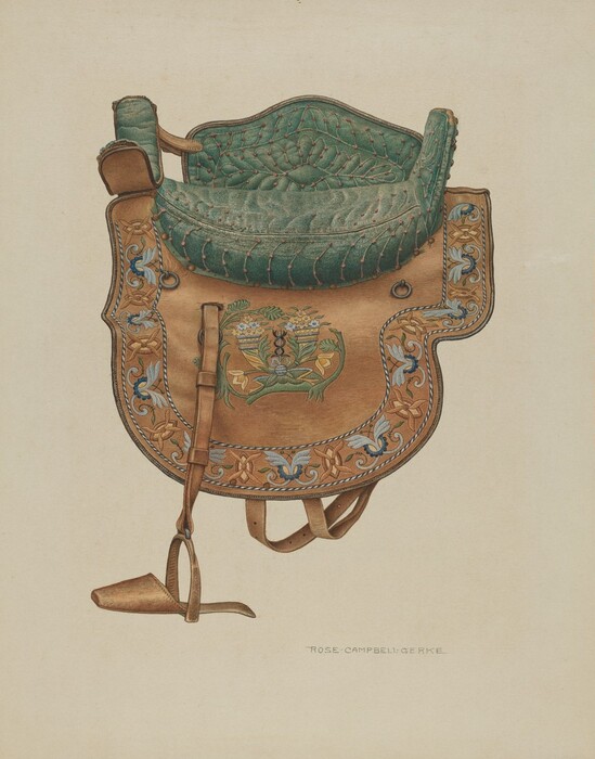 The image shows a brown horse saddle with a green quilted seat. The saddle is adorned with floral patterns in blue, white, and gold colors. The stirrup hangs down from the saddle, and the artist's name, "ROSE CAMPBELL-GERKE," is inscribed in the bottom right corner.