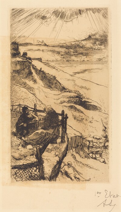 The image shows a countryside landscape from a slightly elevated point of view. The horizon is positioned about a third up from the bottom of the image, with a distant cluster of buildings and hills against the sky. The brushstrokes are detailed, capturing clouds and terrain. Closest to us are two figures seated beside a rustic fence, engaged in conversation, and another figure rests on the slope to the right. Beyond them, rolling hills stretch into the distance, with groups of sheep. The sky features radiating lines suggesting sunlight breaking through clouds, adding contrast. The color palette is monochromatic with warm sepia tones.