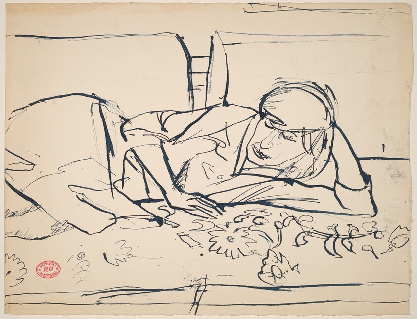 Untitled [reclining woman resting on a floral spread]