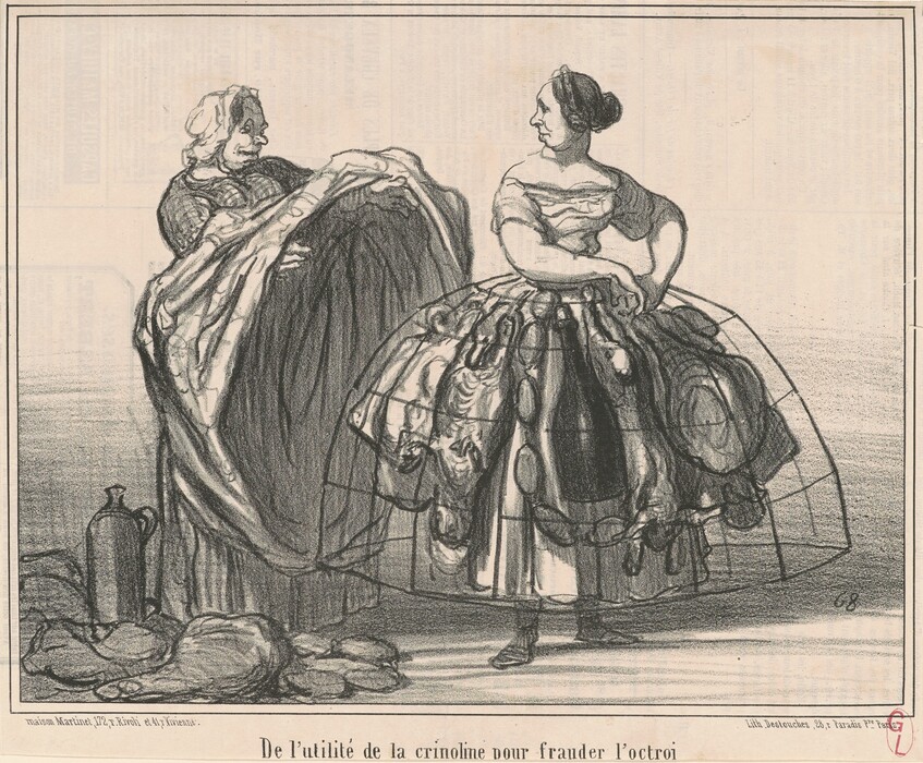 This is a drawing of two women in elaborate dresses. The artwork depicts the women in dresses with voluminous crinolines. One of the women's skirts is lifted to reveal hidden goods such as bottles and food items underneath. The exaggerated fullness of the skirts suggests they are being used to transport concealed items. The style of the drawing emphasizes humor and social commentary, reflecting a satirical approach commonly found in 19th-century illustrations.