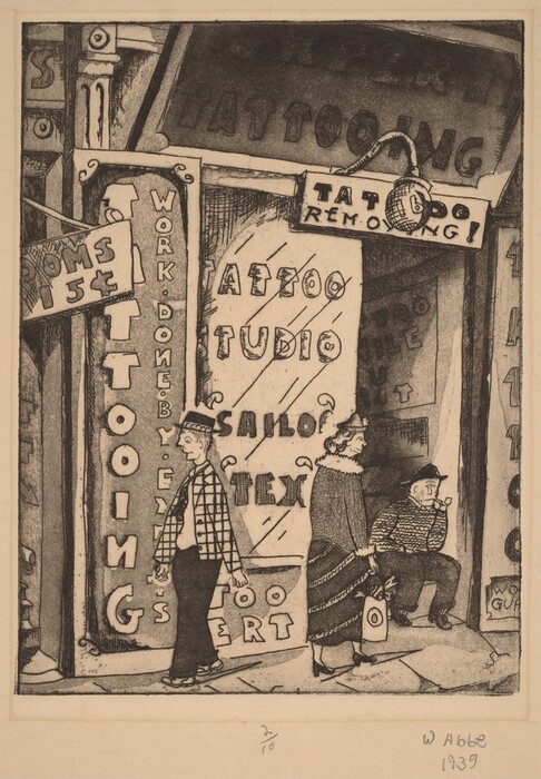 This is a drawing of a tattoo studio. The storefront has various signs advertising tattooing, tattoo removal, and room prices. There is a vertical sign with staggered lettering spelling "TATTOOING". The window displays "Tattoo Studio" and "Sailor Tex". A sign advertises "Tattoo Removing!" with an arrow. Architectural details frame the doorway, creating a whimsical atmosphere. Two figures are depicted in front of the studio, one in a hat and patterned coat motioning towards the entrance, and the other in a textured coat and hat.