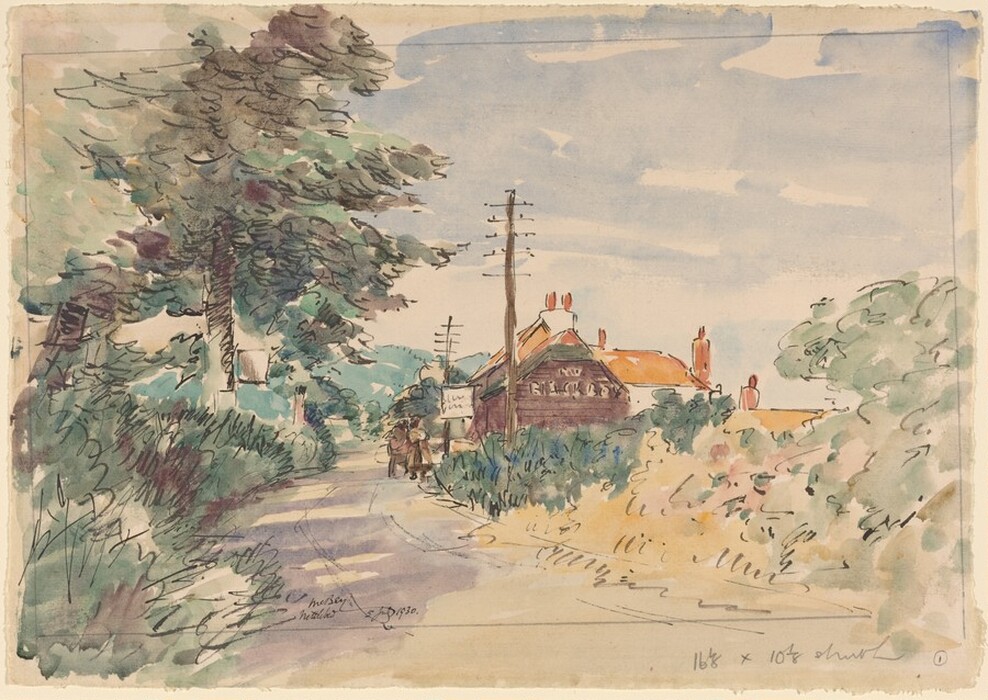 The image shows a rural scene with rolling hills in the distance. Tree tops and rooftops are visible against the sky. A large tree is on the left, painted with expressive brushstrokes. The painting features loose and fluid brushwork. The color palette is soft and muted, with greens, blues, reds, and browns blending harmoniously. A road leads into the distance where two figures are walking toward a building with red chimney tops. The sky is lightly washed blue with touches of white.