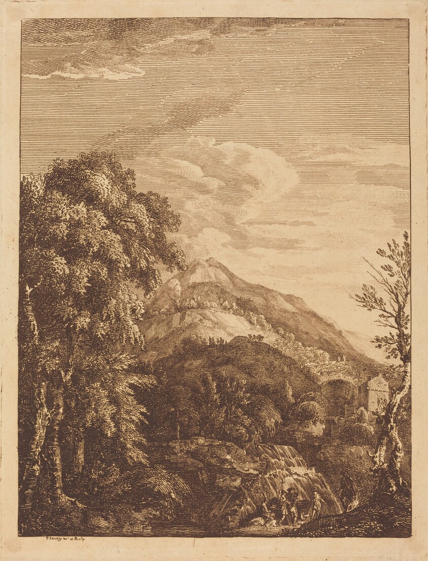 Mountainous Landscape with a Waterfall, Round Tower, Castle, and Banditti
