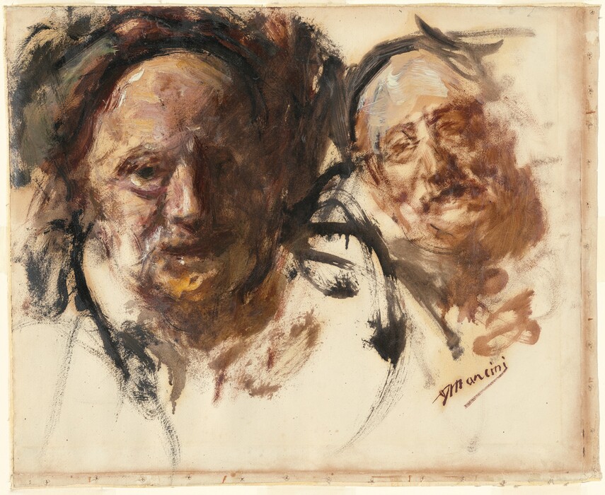 The image depicts an abstract portrait showing two faces. The figure on the left has a roughly applied texture of paint, capturing the prominent facial features with broad, expressive brushstrokes. This face has blurred edges that blend into the background. The overall appearance is dominated by earthy tones and deep shadows. To the right, there is a more faintly represented face with similarly rough and expressive strokes, featuring lighter brown and white streaks that indicate hair and a faint expression. Clothing is not distinctly depicted, and there is no jewelry or objects in hand visible. The background is a neutral textured canvas, and there is a signature by Mancini at the bottom right corner of the canvas.