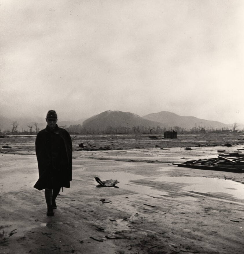 Site of the Epicenter of the Bomb Blast near the Heart of the City. A Japanese Soldier Walks Where an Army Barracks Once Stood, Hiroshima, Japan