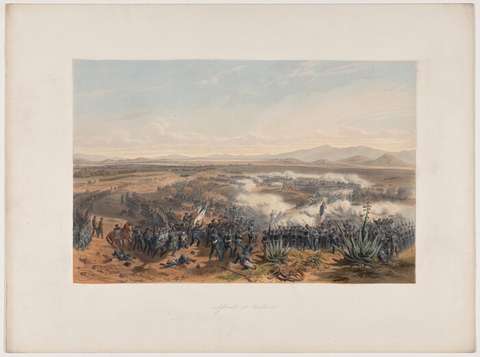 The image depicts a battle scene from an elevated viewpoint, showing soldiers in action on a plain. In the background, there are distant mountains. The sky has soft clouds against a light blue backdrop, contrasting with the activity below. Soldiers in uniforms are seen on the plain, with billowing smoke and waving flags. The scene includes troops and artillery engaged in the distance. The color palette consists of earthy browns, blues, and grays, emphasizing the liveliness of the battle.